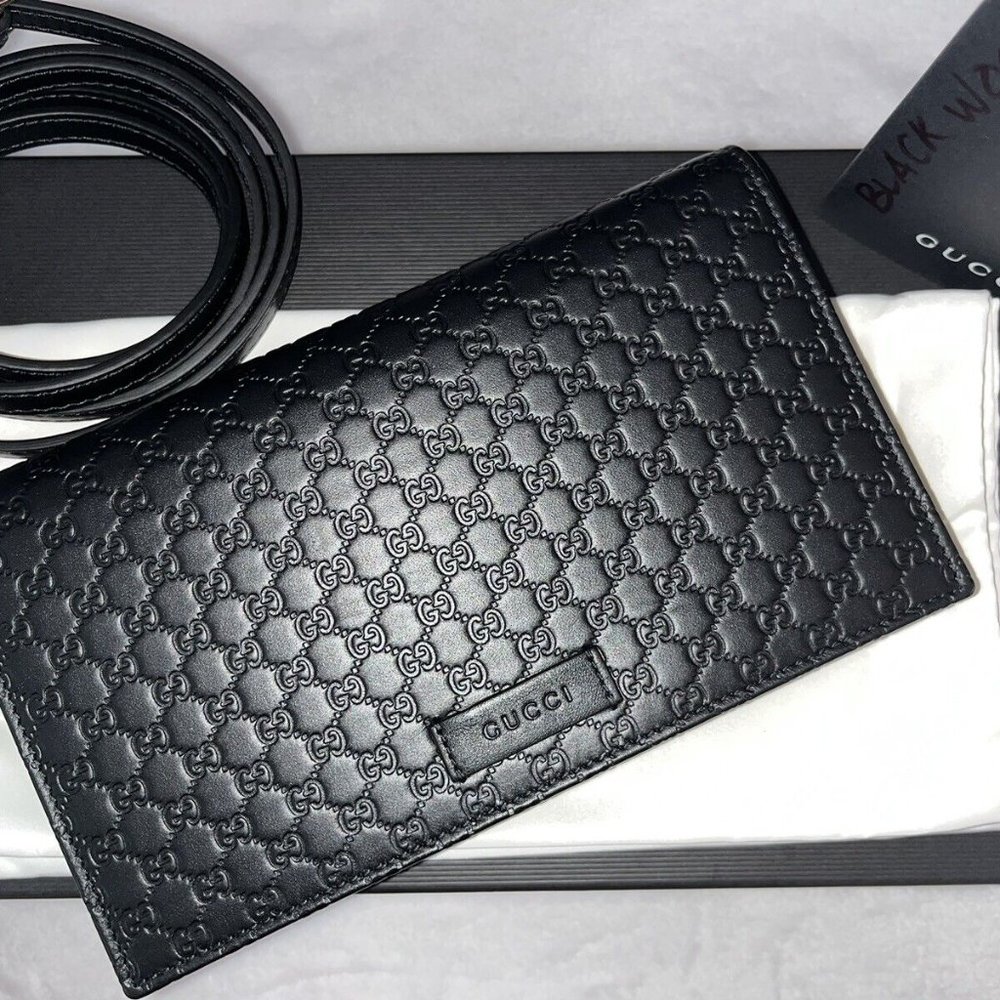 AUTHENTIC Gucci Black Micro GG Guccissima Crossbody Wallet Bag Purse